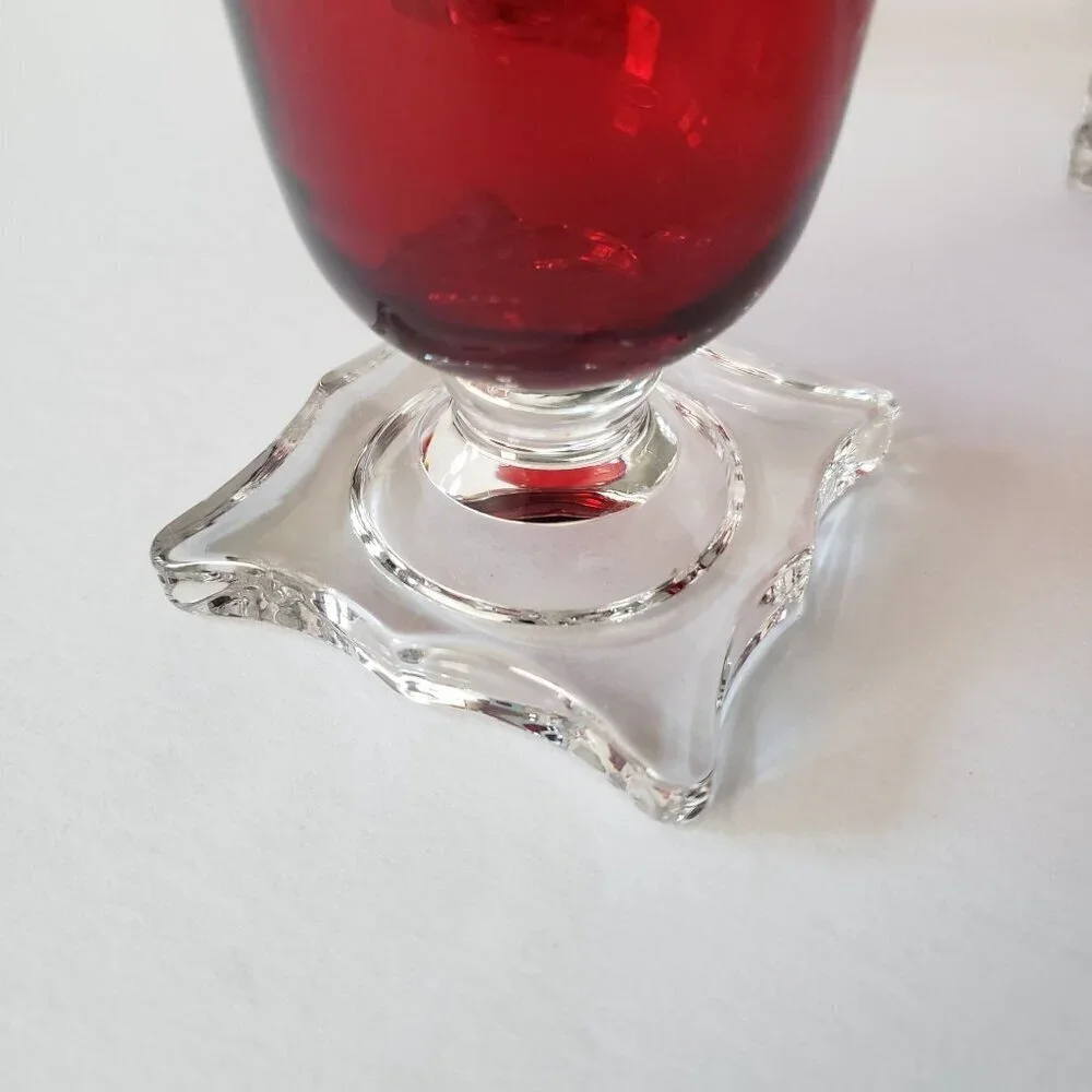Vintage MCM Seneca Slim Jim 903 Ruby Red Footed Pilsner Beverage Glass Vase Set